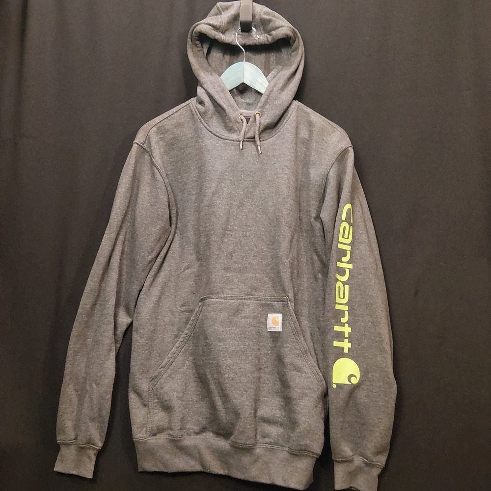 Carhartt Mens Loose Fit Hoodie Gray Neon Yellow Sleeve Logo Pullover Small